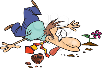 Royalty Free Clipart Image of a Man Who Has Fallen While Carrying a Flower Pot