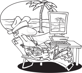 Royalty Free Clipart Image of a Man on a Virtual Vacation