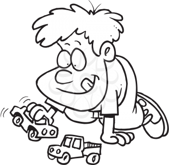 Royalty Free Clipart Image of a Boy Playing With Trucks