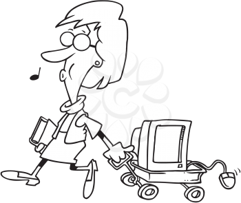Royalty Free Clipart Image of a Woman Pulling a Computer in a Wagon