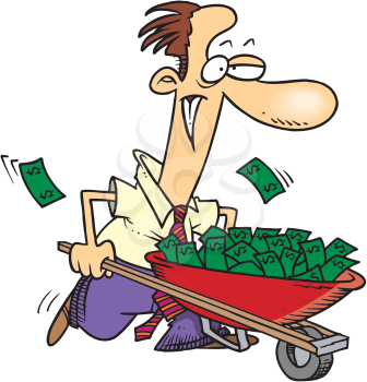 Royalty Free Clipart Image of a Man With a Wheelbarrow Full of Money