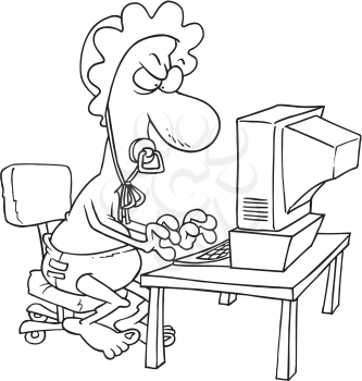 Royalty Free Clipart Image of a Man Dressed as a Baby at a Computer