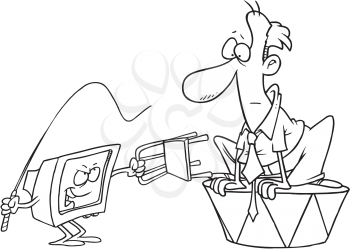 Royalty Free Clipart Image of a Computer With a Whip and a Man on a Stand
