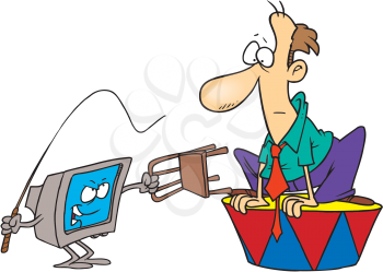 Royalty Free Clipart Image of a Computer With a Whip and a Man on a Stand