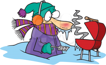 Royalty Free Clipart Image of a Man Barbecuing Outdoors in the Winter