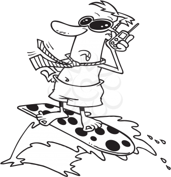 Royalty Free Clipart Image of a Man On a Surfboard Wearing a Tie and Talking on a Phone