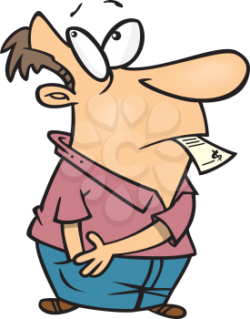 Royalty Free Clipart Image of a Man Reaching Into His Pocket and Holding a Paper in His Mouth