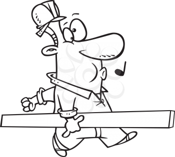 Royalty Free Clipart Image of a Worker Carrying a Board and Whistling