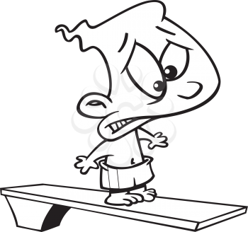 Royalty Free Clipart Image of a Frightened Child on a Diving Board