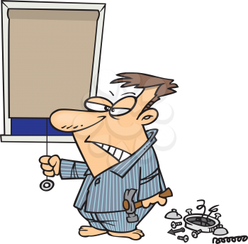 Royalty Free Clipart Image of an Angry Early Riser Opening a Blind With a Broken Alarm Clock on the Floor
