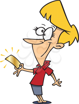 Royalty Free Clipart Image of a Woman Holding a Golden Ticket