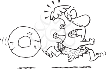 Royalty Free Clipart Image of a Prehistoric Man Being Chased By a Wheel