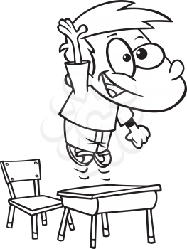 Royalty Free Clipart Image of a Boy Bouncing on a School Desk While Raising His Hand