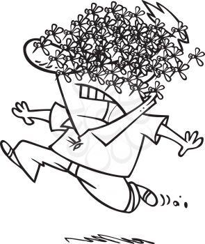 Royalty Free Clipart Image of a Man Swarmed By Mosquitoes