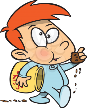 Royalty Free Clipart Image of a Child Eating a Cookie and Leaving Crumbs Behind Him