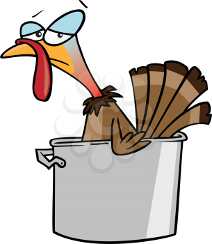 Royalty Free Clipart Image of an Unimpressed Turkey in a Stockpot