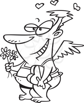 Royalty Free Clipart Image of a Lovestuck Cupid with Hearts and Flowers