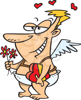 Royalty Free Clipart Image of a Lovestuck Cupid with Hearts and Flowers
