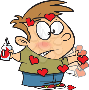 Royalty Free Clipart Image of a Boy With Hearts Glued to His Hands

