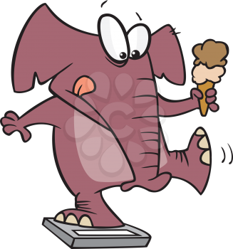 Royalty Free Clipart Image of an Elephant on a Bathroom Scale With an Ice Cream Cone