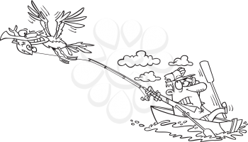 Royalty Free Clipart Image of a Gull Stealing a Fish and Dragging the Angler