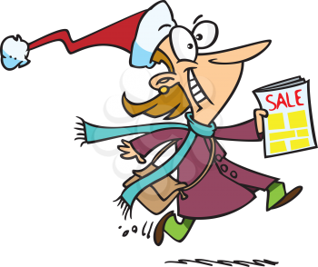Royalty Free Clipart Image of a Woman in a Stocking Cap Rushing Off to a Sale