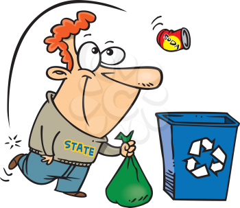 Royalty Free Clipart Image of a Guy Kicking a Tin Can Into a Recycling Container