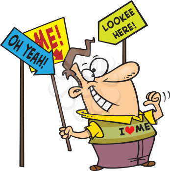 Royalty Free Clipart Image of a Guy With Signs Pointing to Him