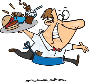 Royalty Free Clipart Image of a Waiter Running With a Tray of Food