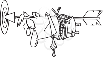 Royalty Free Clipart Image of a Guy Tied to an Arrow Stuck in a Bullseye