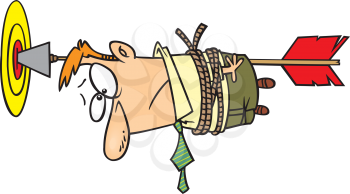 Royalty Free Clipart Image of a Guy Tied to an Arrow Stuck in a Bullseye