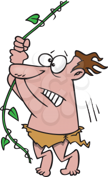 Royalty Free Clipart Image of a Man Hanging From a Vine