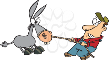 Royalty Free Clipart Image of a Man Pulling a Stubborn Mule