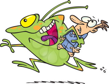 Royalty Free Clipart Image of an Alien Running With a Man in His Arm