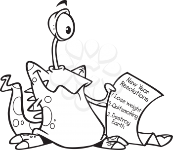 Royalty Free Clipart Image of an Alien With a List of Resolutions