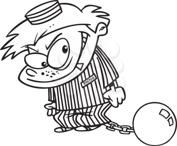 Royalty Free Clipart Image of a Little Boy in Prisoner's Clothes With a Ball and Chain