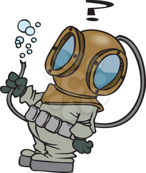 Royalty Free Clipart Image of a Guy in an Underwater Suit Holding a Broken Hose