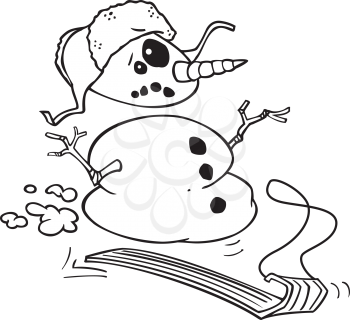Royalty Free Clipart Image of a Snowman Falling Apart After Hitting a Bump While Riding on a Sled