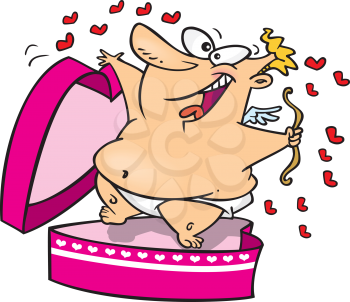 Royalty Free Clipart Image of a Chubby Cupid Popping Out of a Heart Shaped Box