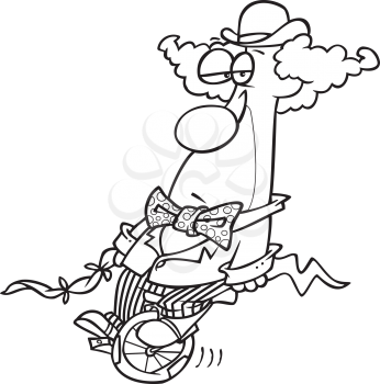 Royalty Free Clipart Image of a Frowning Clown on a Unicycle