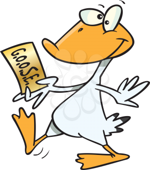 Royalty Free Clipart Image of a Goose Walking With a Slip of Paper With Goose on It