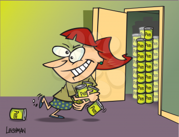 Royalty Free Clipart Image of a Woman Loading Cans Into a Closet