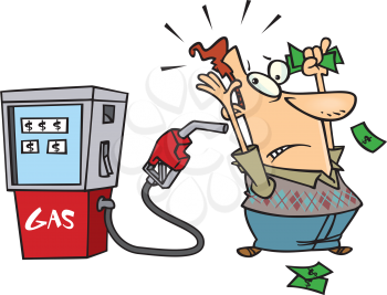 Royalty Free Clipart Image of a Man Being Held Up By the Gas Pump