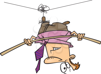 Royalty Free Clipart Image of a Man Hanging by a Thread on a Tightrope