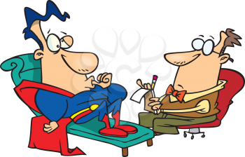 Royalty Free Clipart Image of a Superhero at a Psychiatrist