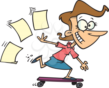 Royalty Free Clipart Image of a Woman on a Skateboard Throwing Papers