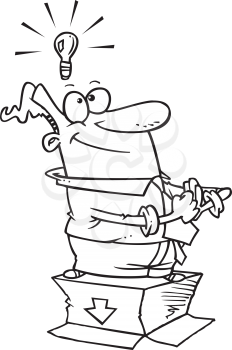 Royalty Free Clipart Image of a Man Standing on a Box With a Light Bulb Over His Head