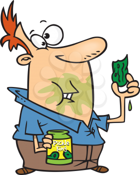 Royalty Free Clipart Image of a Man Eating a Dill Pickle