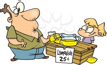 Royalty Free Clipart Image of a Man Drinking Sour Lemonade at a Stand
