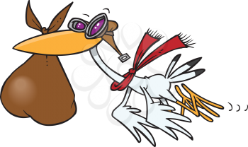 Royalty Free Clipart Image of a Stork Pilot Delivering a Baby
